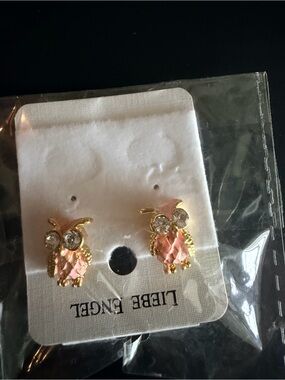 Gold-Tone Pink Owl Stud Earrings with Crystal Eyes